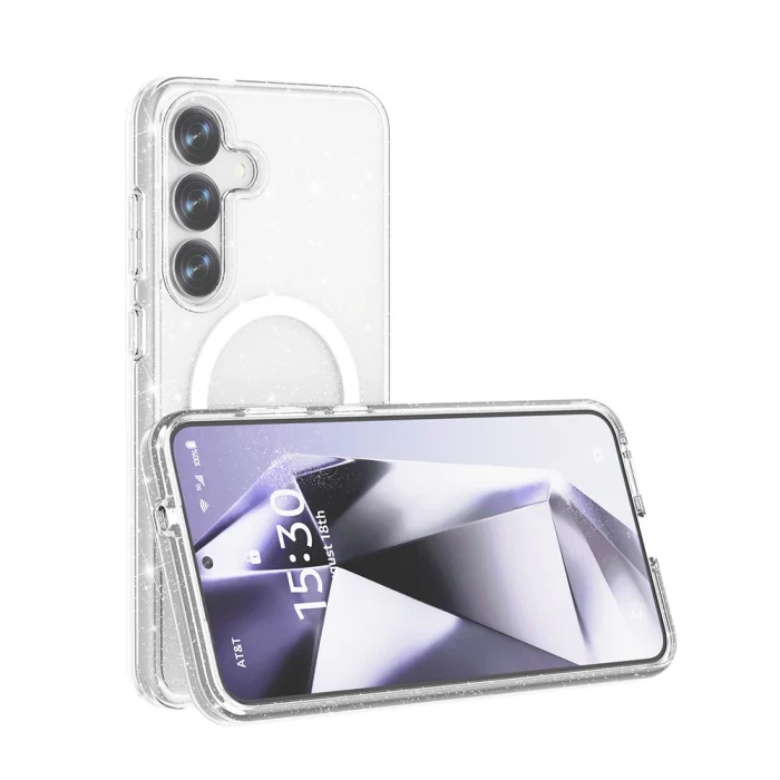 Samsung S25 Kılıf M-safe Şarj Özellikli Parlayan Simli Saydam Renkli Allstar Kapak