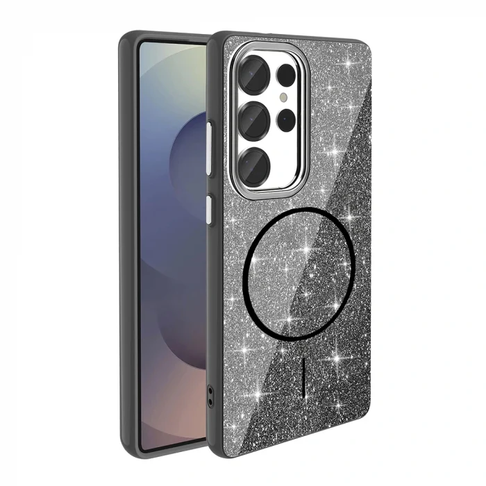 Samsung S25 Ultra Uyumlu Kılıf M-safe Şarj Özellikli Parlayan Simli Kapak