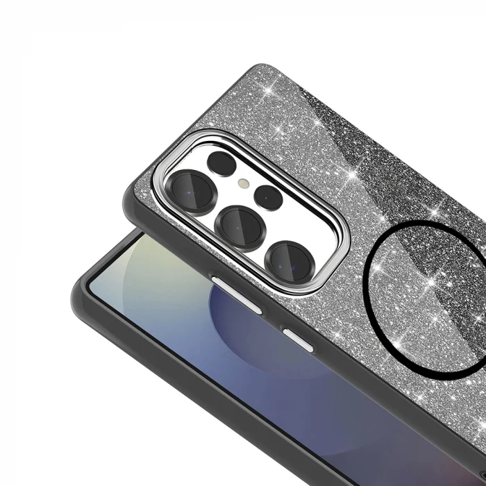 Samsung S25 Ultra Kılıf M-safe Şarj Özellikli Parlayan Simli Okso Kapak