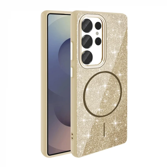 Samsung S25 Ultra Kılıf M-safe Şarj Özellikli Parlayan Simli Okso Kapak