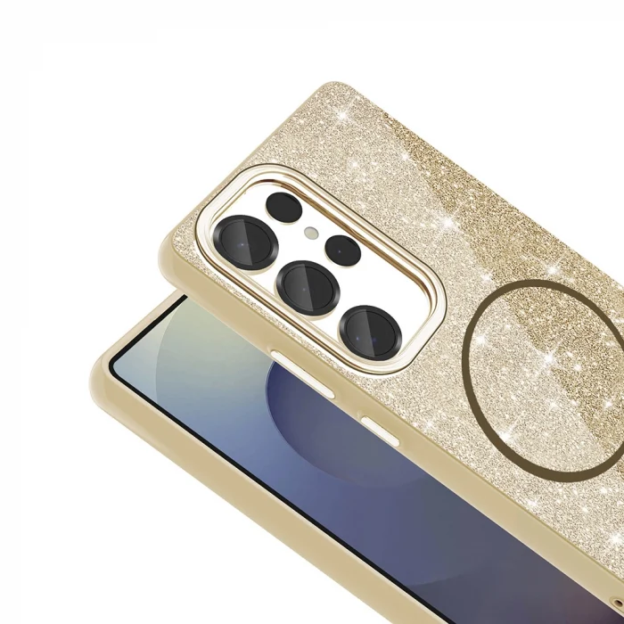 Samsung S25 Ultra Kılıf M-safe Şarj Özellikli Parlayan Simli Okso Kapak