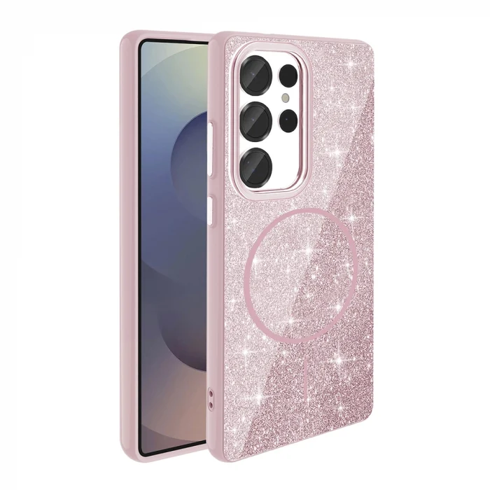 Samsung S25 Ultra Kılıf M-safe Şarj Özellikli Parlayan Simli Okso Kapak