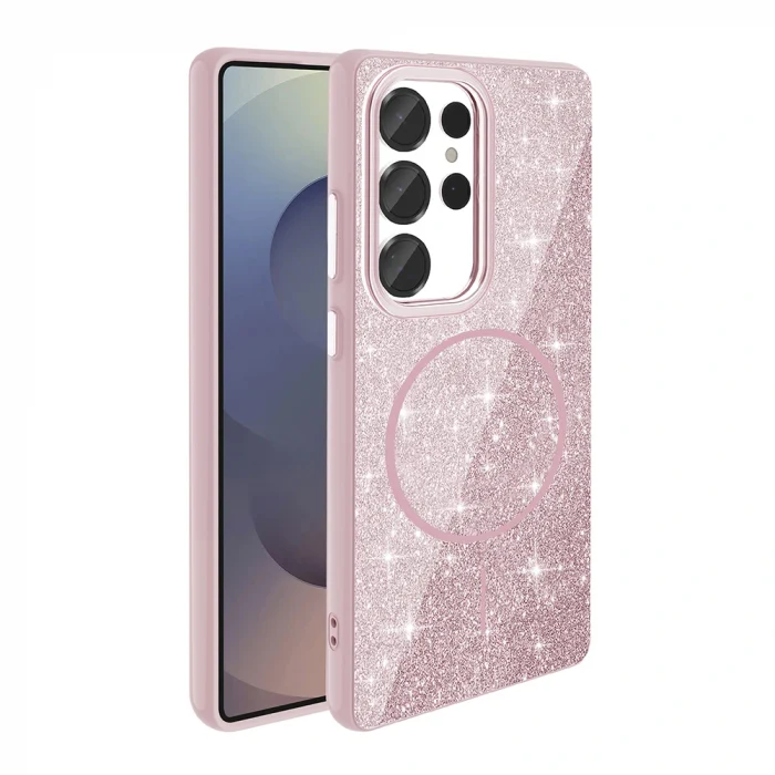 Samsung S25 Ultra Uyumlu Kılıf M-safe Şarj Özellikli Parlayan Simli Kapak