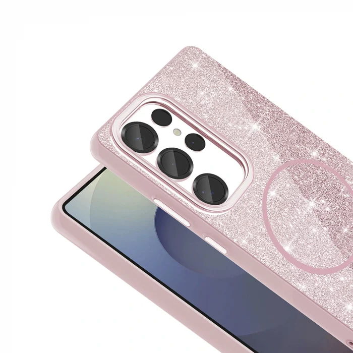 Samsung S25 Ultra Uyumlu Kılıf M-safe Şarj Özellikli Parlayan Simli Kapak