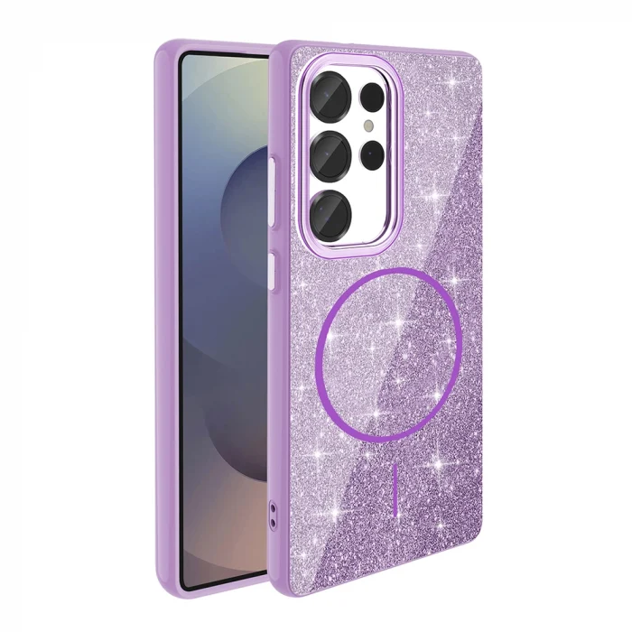 Samsung S25 Ultra Kılıf M-safe Şarj Özellikli Parlayan Simli Okso Kapak