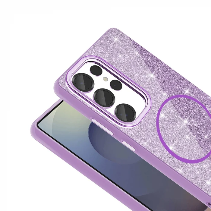 Samsung S25 Ultra Kılıf M-safe Şarj Özellikli Parlayan Simli Okso Kapak