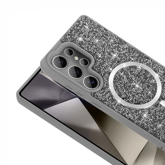 Samsung S25 Ultra Kılıf Pırlanta Tasarımlı M-safe Şarj Özellikli Mozaik Silikon Kapak