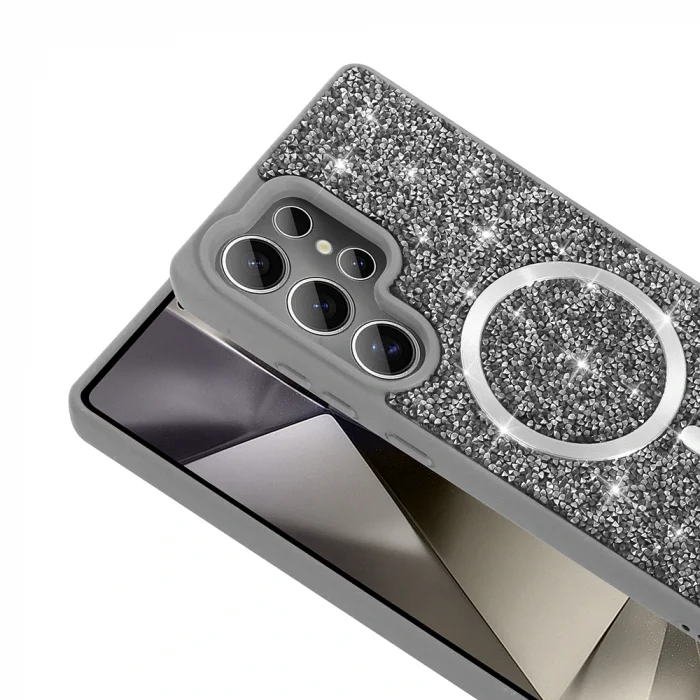 Samsung S25 Ultra Kılıf Pırlanta Tasarımlı M-safe Şarj Özellikli Mozaik Silikon Kapak