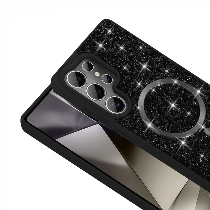 Samsung S25 Ultra Kılıf Pırlanta Tasarımlı M-safe Şarj Özellikli Mozaik Silikon Kapak