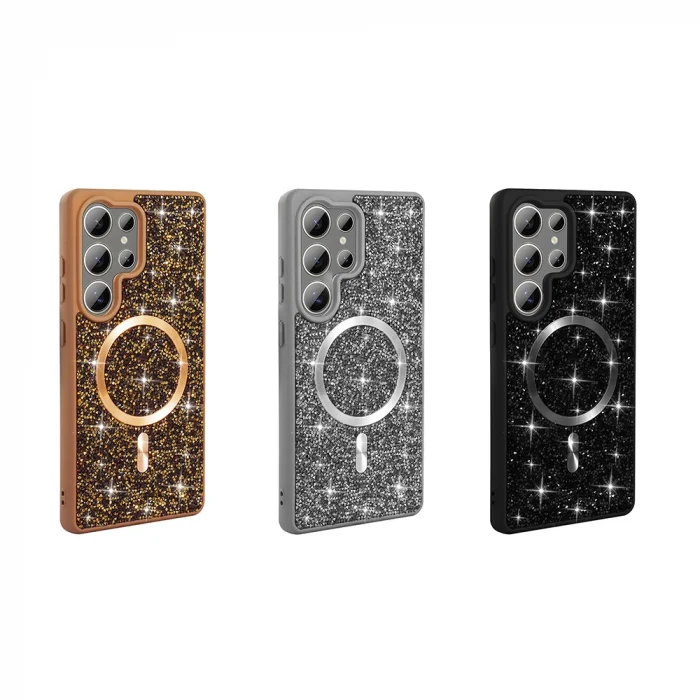 Samsung S25 Ultra Kılıf Pırlanta Tasarımlı M-safe Şarj Özellikli Mozaik Silikon Kapak