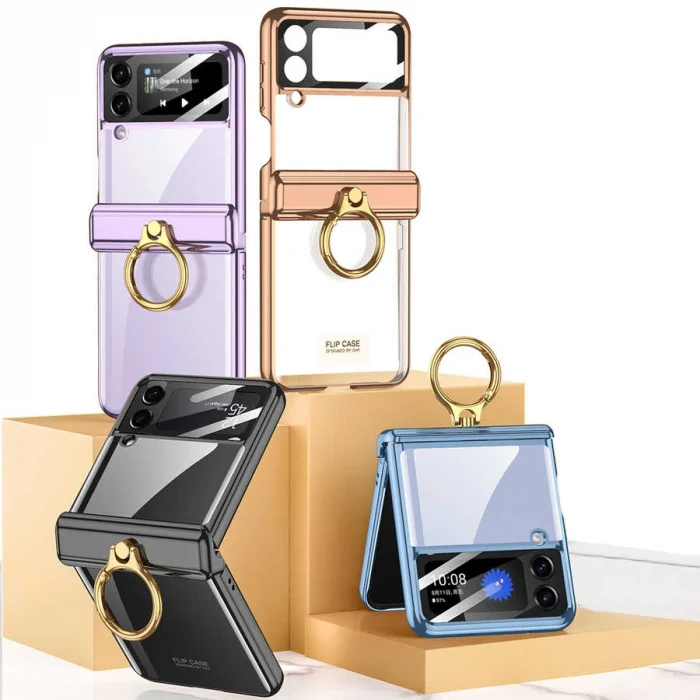 Samsung Z Flip 4 Kılıf  Kıpta Yüzüklü Lens Korumalı Kapak