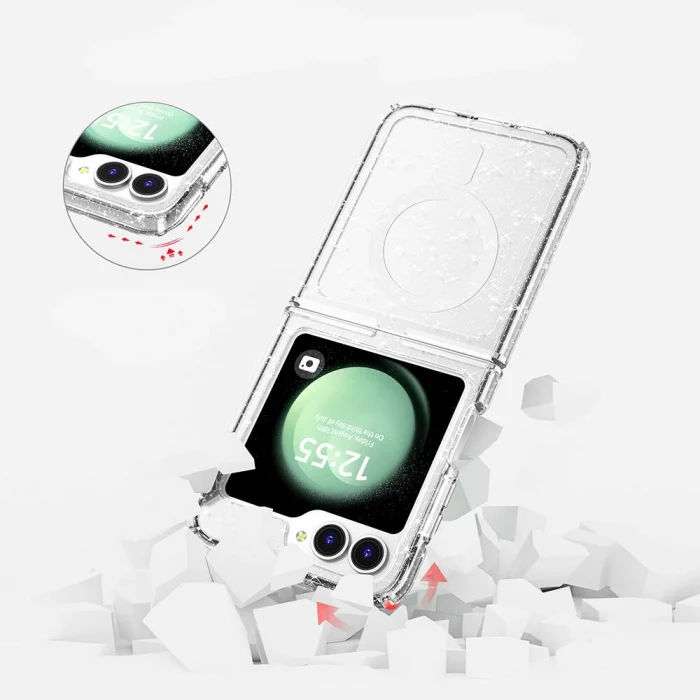 Samsung Z Flip 6 Kılıf M-safe Şarj Özellikli Parlayan Simli Saydam Renkli Allstar Kapak