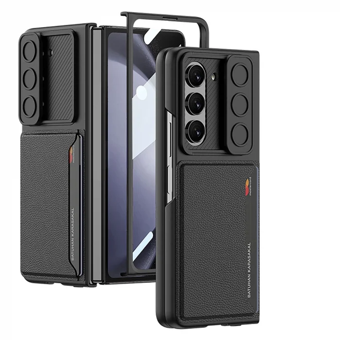 Samsung Z Fold 5 Suni Deri Arka Yüzey Sürgülü Kamera Korumalı Kartlıklı Kıpta Silikon Kapak