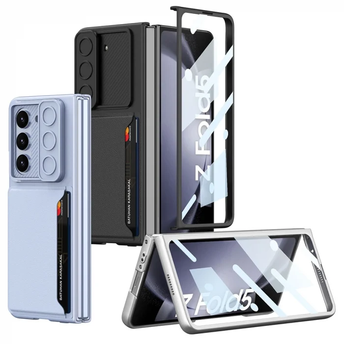Samsung Z Fold 5 Suni Deri Arka Yüzey Sürgülü Kamera Korumalı Kartlıklı Kıpta Silikon Kapak