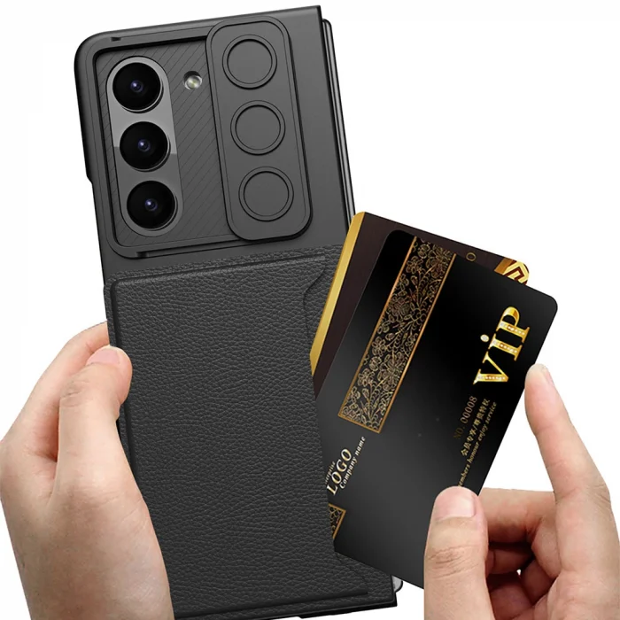 Samsung Z Fold 5 Suni Deri Arka Yüzey Sürgülü Kamera Korumalı Kartlıklı Kıpta Silikon Kapak