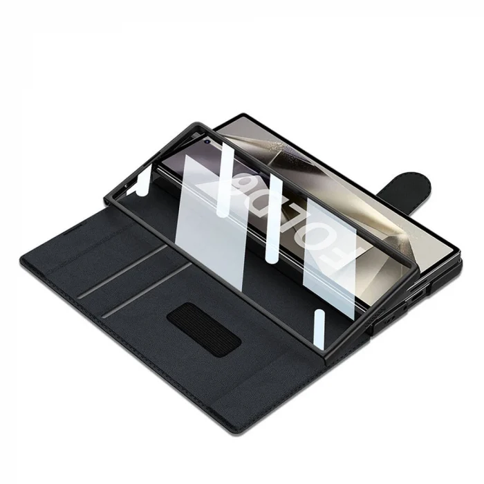 Samsung Z Fold 6 Kılıf Kamera Korumalı Kadife Tasarımlı Kıpta Kalem Bölmeli Fest Kapak