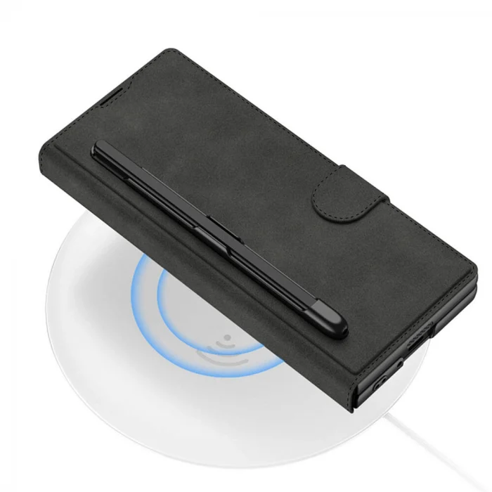 Samsung Z Fold 6 Kılıf Kamera Korumalı Kadife Tasarımlı Kıpta Kalem Bölmeli Fest Kapak