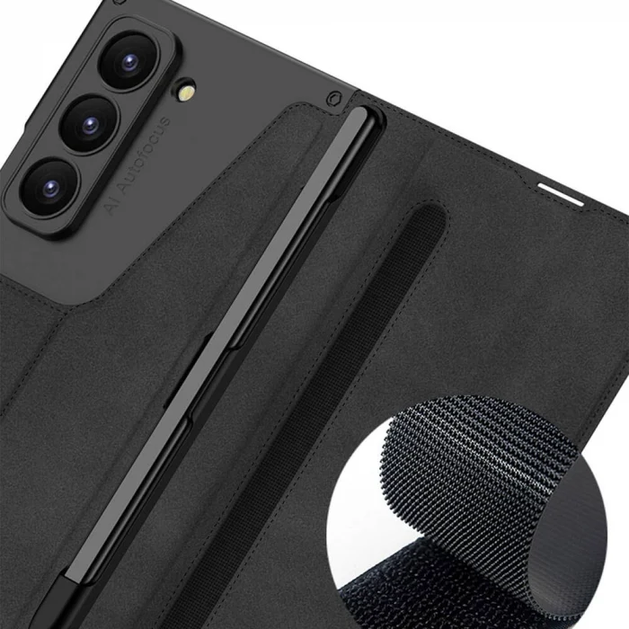 Samsung Z Fold 6 Kılıf Kamera Korumalı Kadife Tasarımlı Kıpta Kalem Bölmeli Fest Kapak