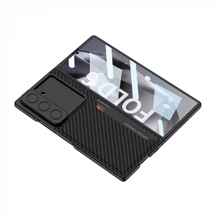 Samsung Z Fold 6 Kılıf Kamera Korumalı Karbon Fiber Arka Yüzey Kartlıklı Kıpta Sert Kapak