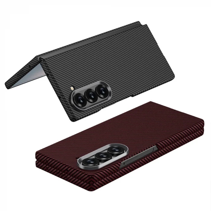 Samsung Z Fold 6 Kılıf Kamera Korumalı Karbon Fiber Tasarımlı Arka Yüzey Kıpta Karbon Kapak