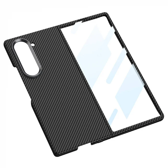 Samsung Z Fold 6 Kılıf Kamera Korumalı Karbon Fiber Tasarımlı Arka Yüzey Kıpta Karbon Kapak