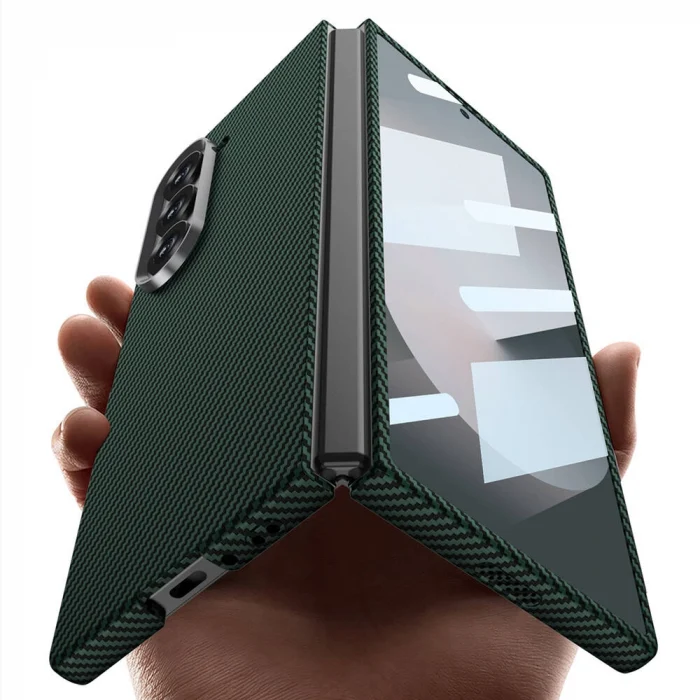 Samsung Z Fold 6 Kılıf Kamera Korumalı Karbon Fiber Tasarımlı Arka Yüzey Kıpta Karbon Kapak