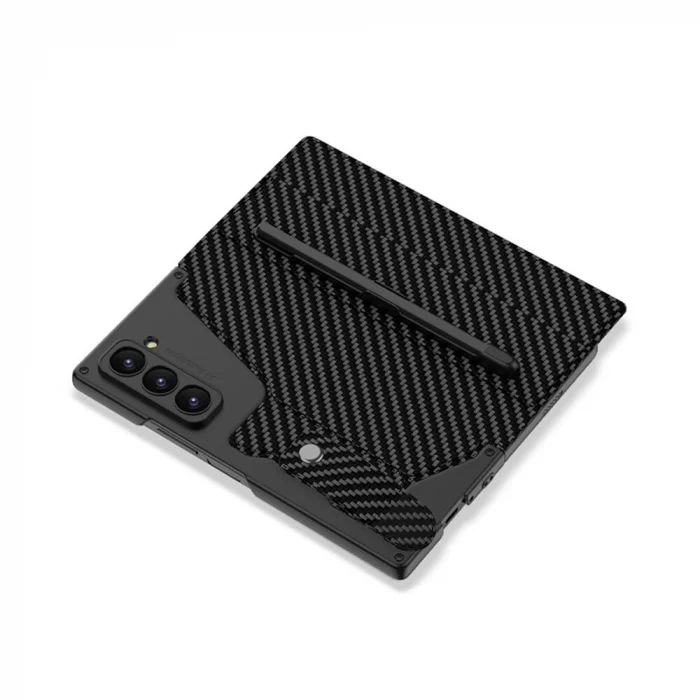 Samsung Z Fold 6 Kılıf Kamera Korumalı Karbon Tasarımlı Kıpta Kalem Bölmeli Fest Kapak