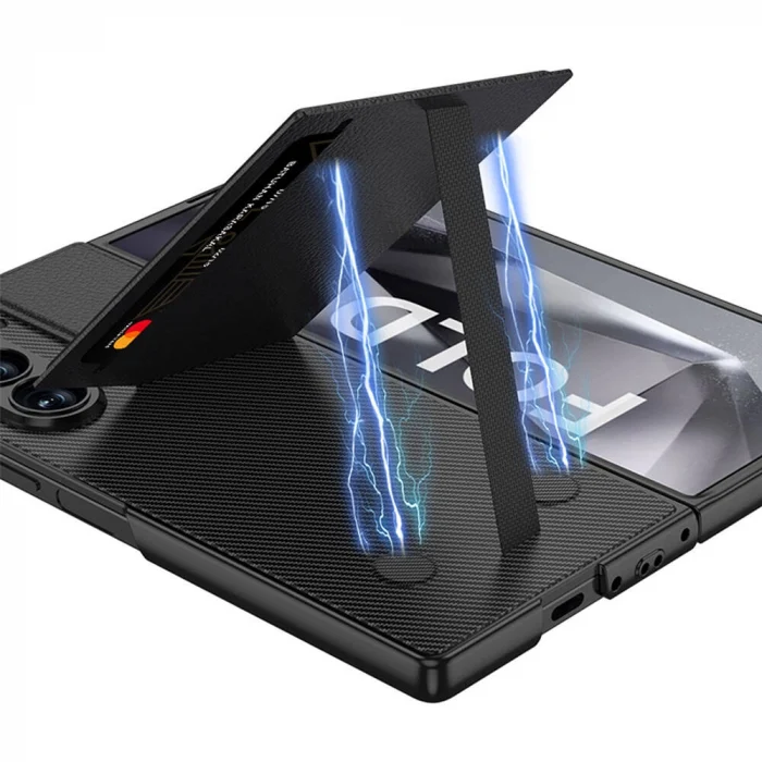 Samsung Z Fold 6 Kılıf Karbon Fiber Deri Kartlıklı Kıpta Dik Açılan Kartlıklı Kapak