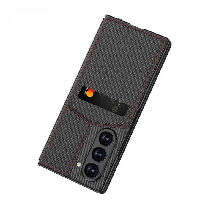 Samsung Z Fold 6 Kılıf Karbon Fiber Kartlıklı Kıpta Dik Açılan Kartlıklı Kapak