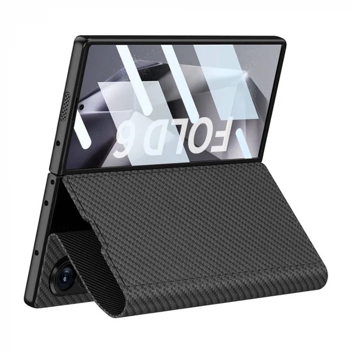 Samsung Z Fold 6 Kılıf Karbon Fiber Tasarımlı Magnetik Tokalı Kartlıklı Kıpta Zegna Kapak