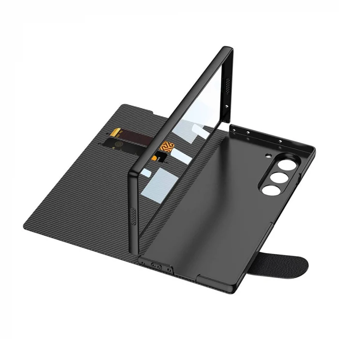 Samsung Z Fold 6 Kılıf Karbon Fiber Tasarımlı Magnetik Tokalı Kartlıklı Kıpta Zegna Kapak