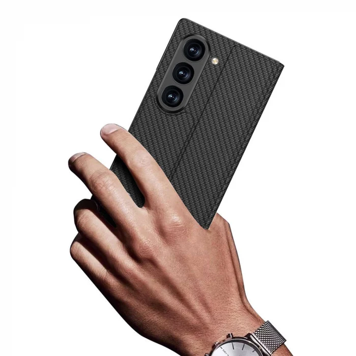 Samsung Z Fold 6 Kılıf Karbon Fiber Tasarımlı Magnetik Tokalı Kartlıklı Kıpta Zegna Kapak