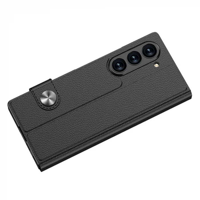 Samsung Z Fold 6 Kılıf Suni Deri Tasarımlı Magnetik Tokalı ve Kartlıklı Kıpta Zegna Kapak