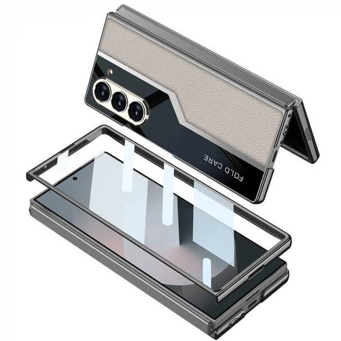 Samsung Z Fold 6 Kılıf Ultra İnce Kamera Korumalı PC + Deri Arka Yüzey Kıpta Poligan Kapak