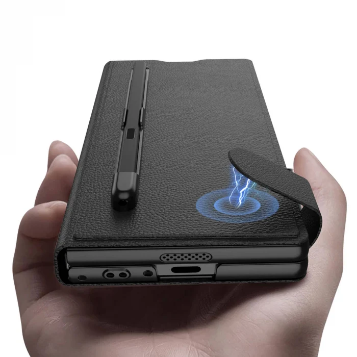 Samsung Z Fold 6 Suni Deri Tasarımlı Kalem Bölmeli Kıpta Kartlıklı Standlı Kapak