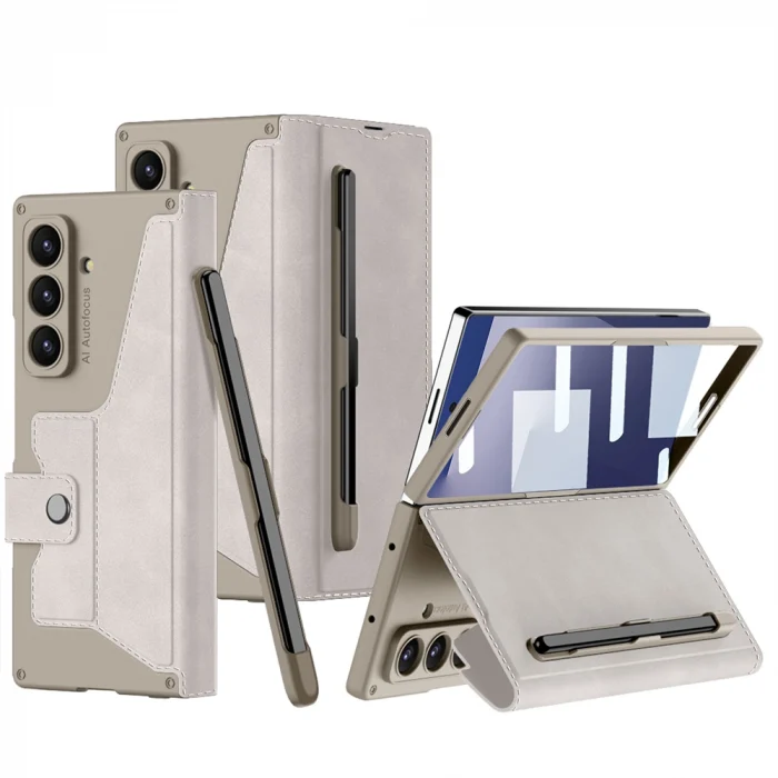 Samsung Z Fold 7 Kılıf Kamera Korumalı Kadife Tasarımlı Kıpta Kalem Bölmeli Fest Kapak