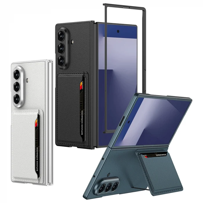 Samsung Z Fold 7 Suni Deri Arka Yüzey Kartlıklı Kıpta Silikon Kapak