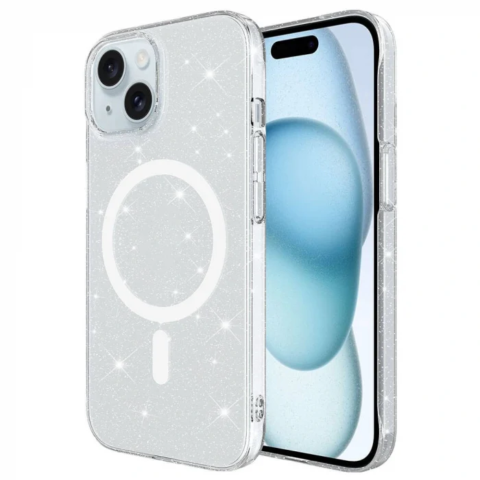 iPhone 15 Kılıf M-safe Şarj Özellikli Simli Şeffaf Arka Yüzey Erdos Silikon Kapak