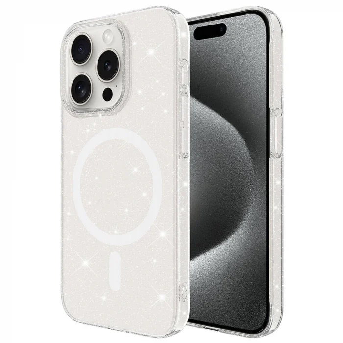 iPhone 15 Pro Kılıf M-safe Şarj Özellikli Simli Şeffaf Arka Yüzey Erdos Silikon Kapak