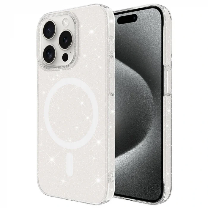 iPhone 15 Pro Max Kılıf M-safe Şarj Özellikli Simli Şeffaf Arka Yüzey Erdos Silikon Kapak