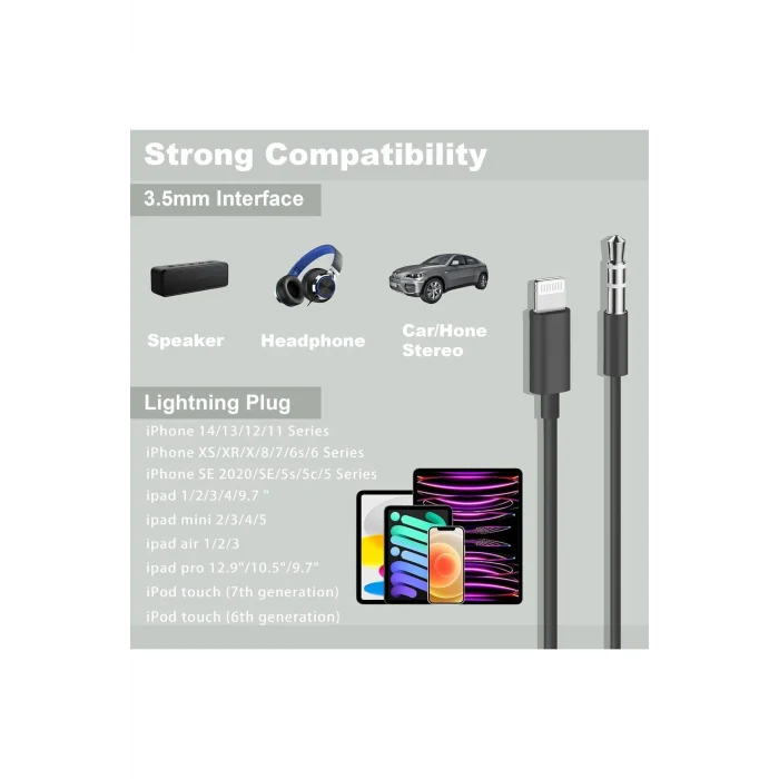 iPhone 6S/7/8 Plus/XS/11/12/13 Mini/14 Pro Max Uyumlu Aux Kablosu Lightning To 3.5mm Jack Çevirici