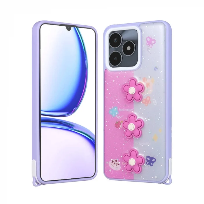 Realme C53 Kılıf Parlayan Simli Kabartma Figürlü Cevze Kapak