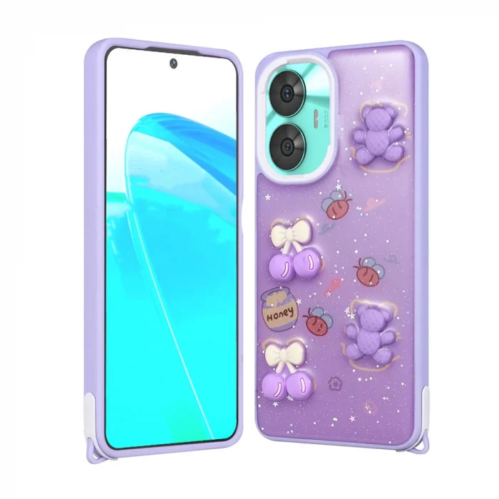 Realme C55 Kılıf Parlayan Simli Kabartma Figürlü Cevze Kapak