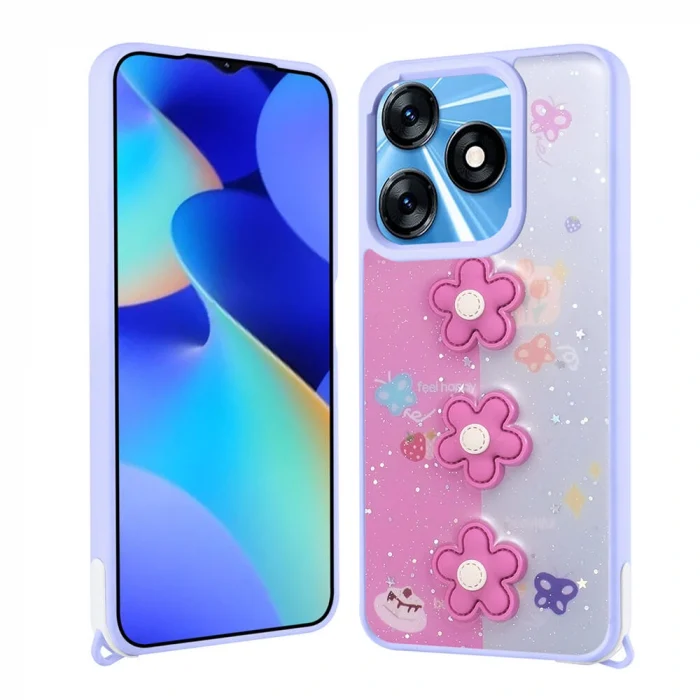 Tecno Spark 10 4G Kılıf Parlayan Simli Kabartma Figürlü Cevze Kapak