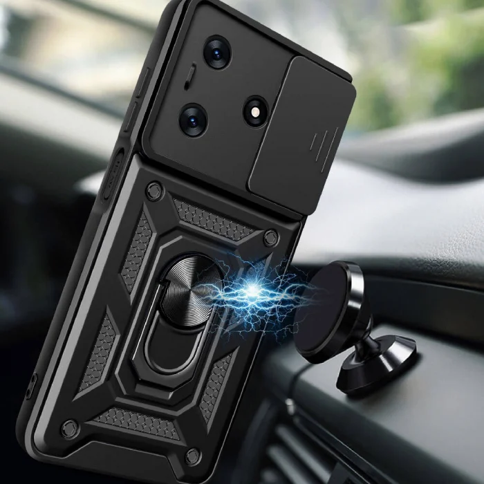 Tecno Spark 10C Kılıf Magnetik Standlı Kamera Korumalı Sürgülü Vega Kapak