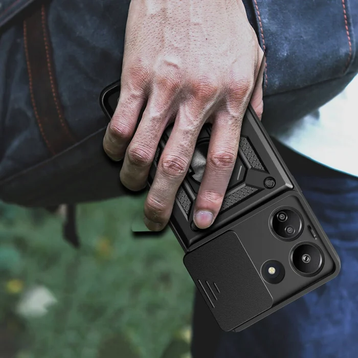 Xiaomi Poco C65 Kılıf Magnetik Standlı Kamera Korumalı Sürgülü Vega Kapak