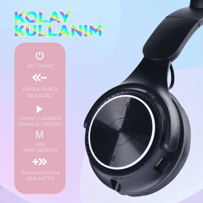 M6 Pro Cat RGB Led Işıklı Kedi Kulağı Band Tasarımlı Ayarlanabilir ve Katlanabilir Kulak Üstü Bluetooth Kulaklık