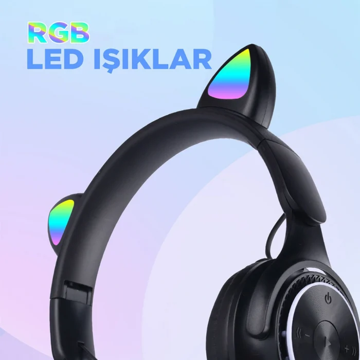 M6 Pro Cat RGB Led Işıklı Kedi Kulağı Band Tasarımlı Ayarlanabilir ve Katlanabilir Kulak Üstü Bluetooth Kulaklık