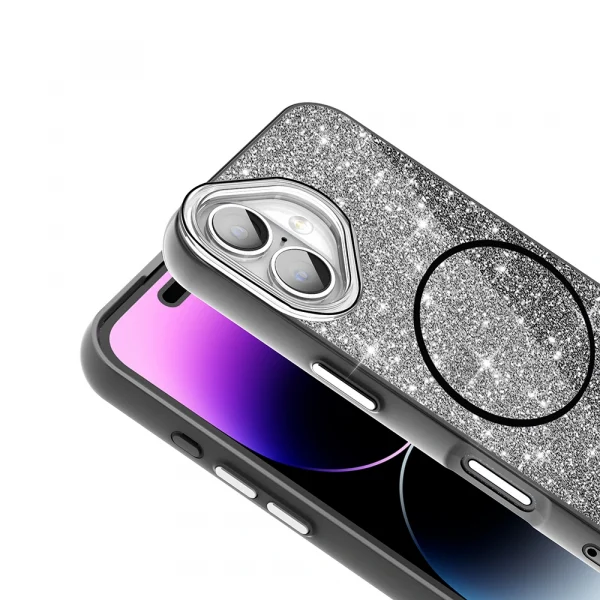 iPhone 16 Plus Kılıf M-safe Şarj Özellikli Parlayan Simli Okso Kapak