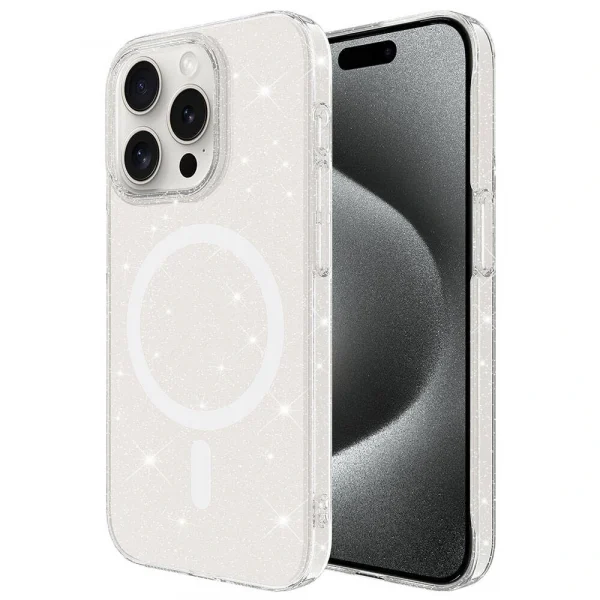 iPhone 15 Pro Kılıf M-safe Şarj Özellikli Simli Şeffaf Arka Yüzey Erdos Silikon Kapak